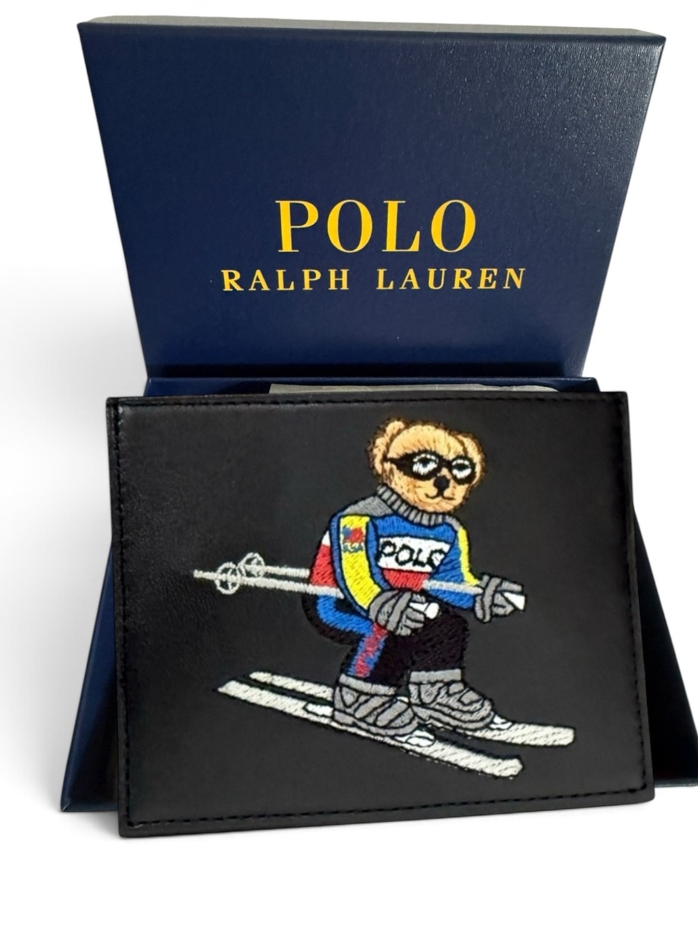 Polo Ralph Lauren Black Leather Ski Bear Card Holder Embroidered NWT Gift Box